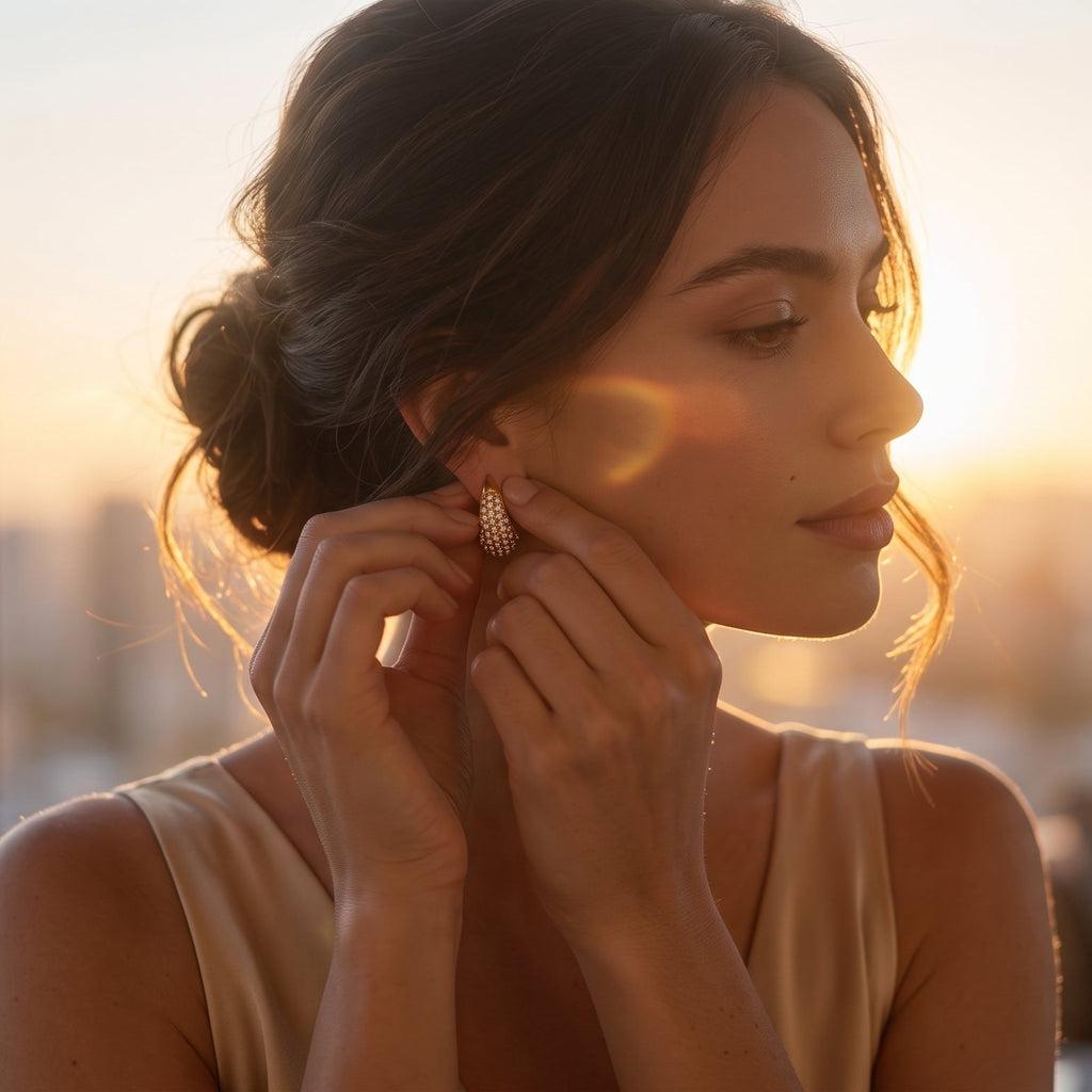 A woman in a champagne-colored satin top adjusts a gold hoop earring with a clear gemstone, set against a warm sunset view from a high-rise window.